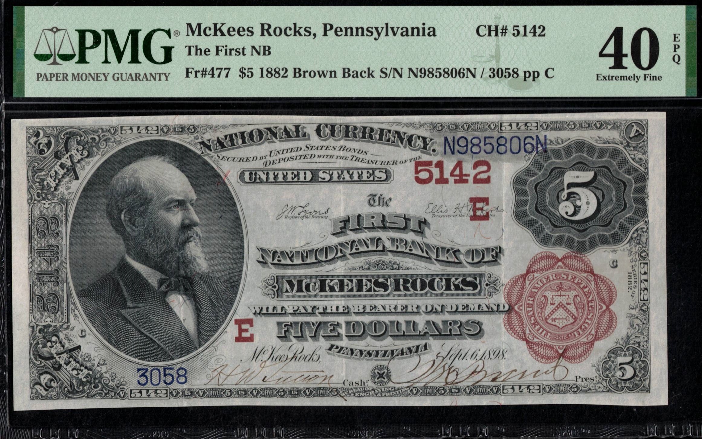 1882 5.00 BB F NB OF McKEES ROCK PA USA Rare