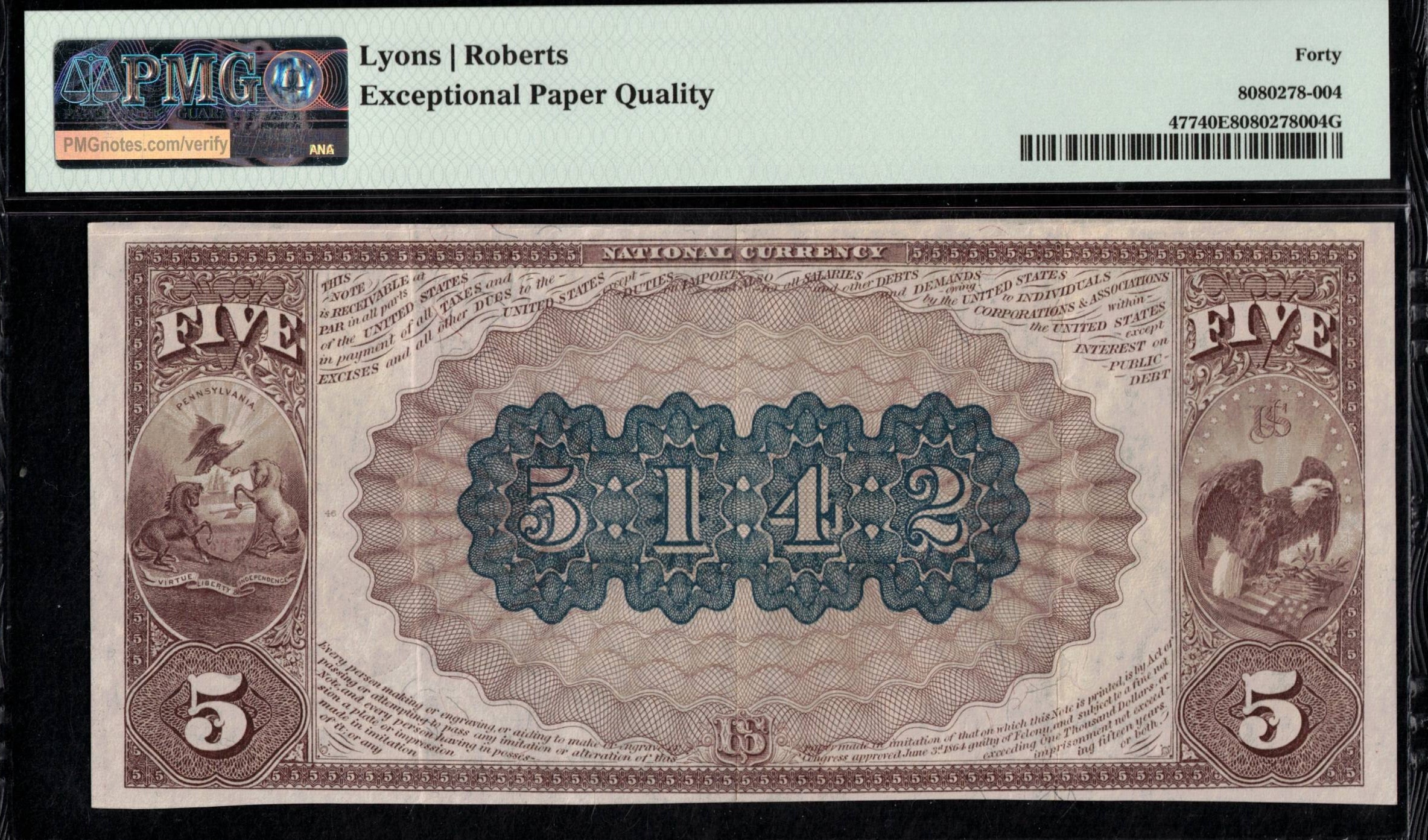 1882 5.00 BB F NB OF McKEES ROCK PA USA Rare