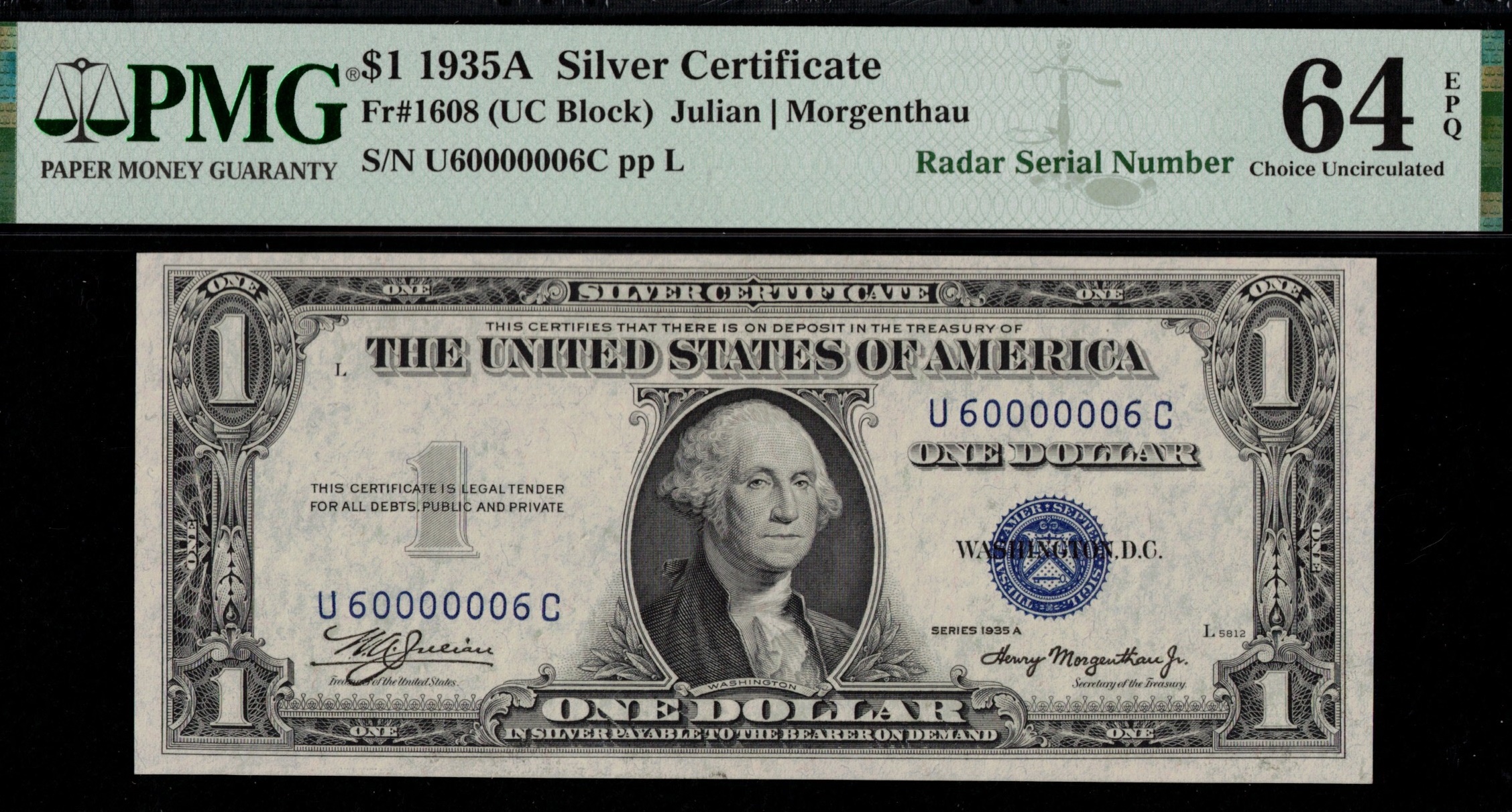 1935A 1.00 S.C U60000006C P.M.G64EPQ USA Rare