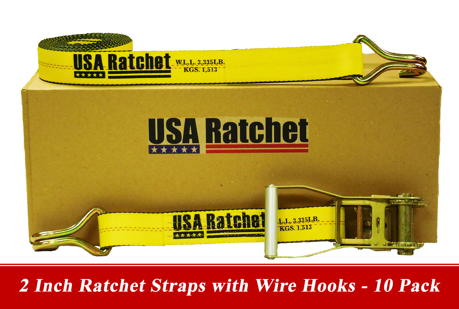 USA Ratchet 2" Ratchet Strap with Wire Hooks 10 Pack Made in the USA