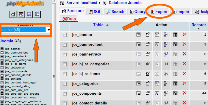 Работа с базой данной MySQL в Joomla (экспорт/импорт данных) US.CMS