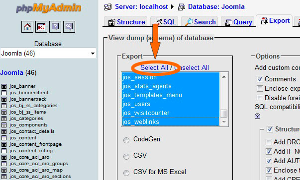 Работа с базой данной MySQL в Joomla (экспорт/импорт данных) US.CMS