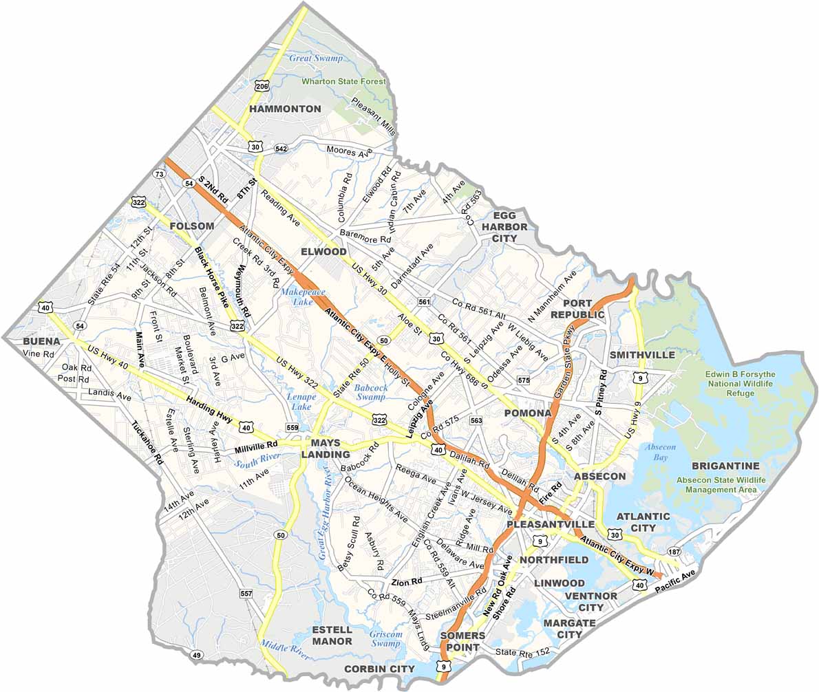 Atlantic County Map, New Jersey US County Maps