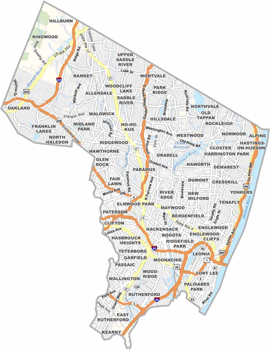Bergen County Map, New Jersey US County Maps
