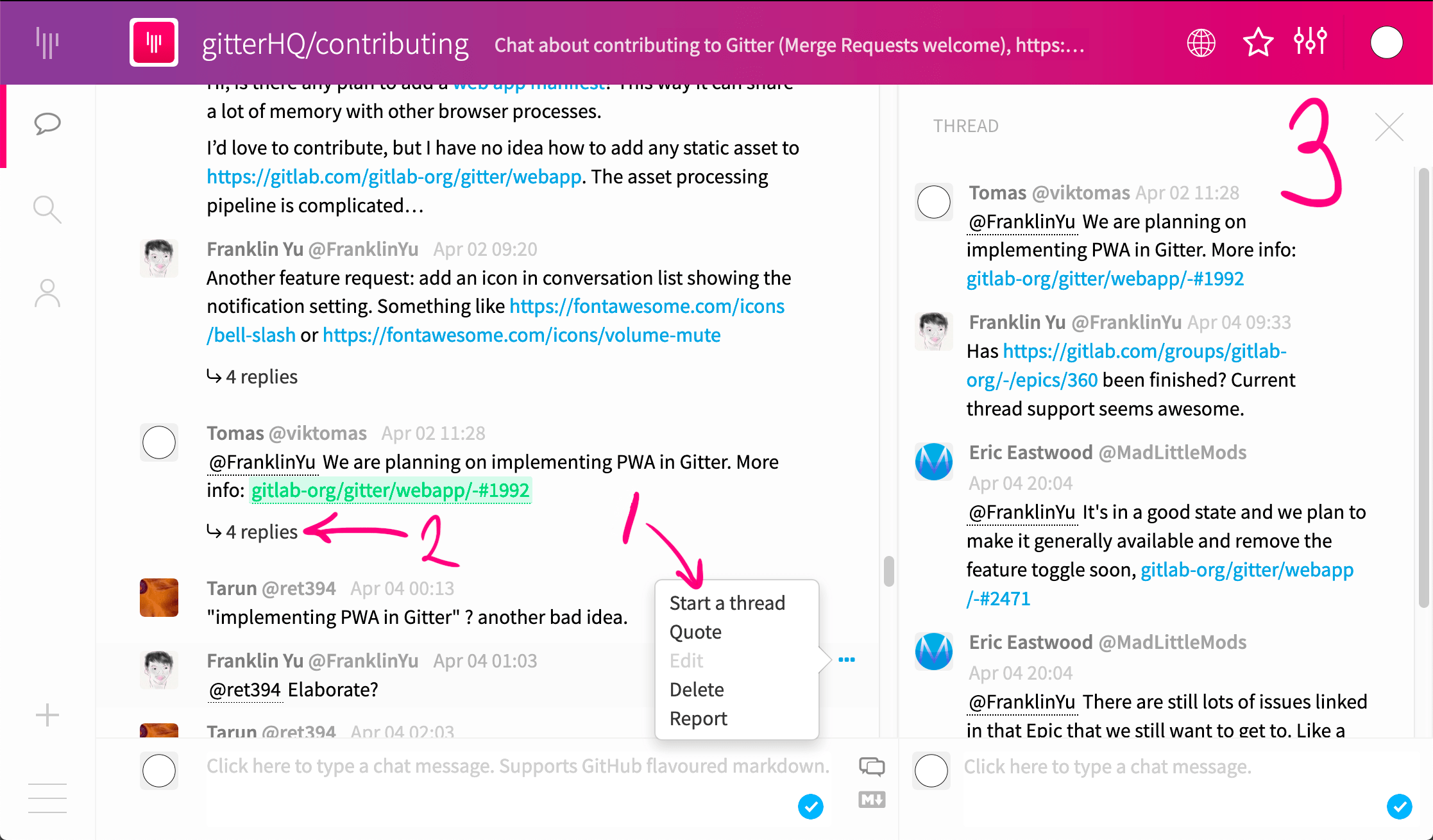 Threaded conversations and GitLab based communities and rooms