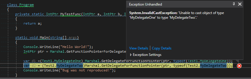Bug! Marshal.GetDelegateForFunctionPoiner returns wrong delegate