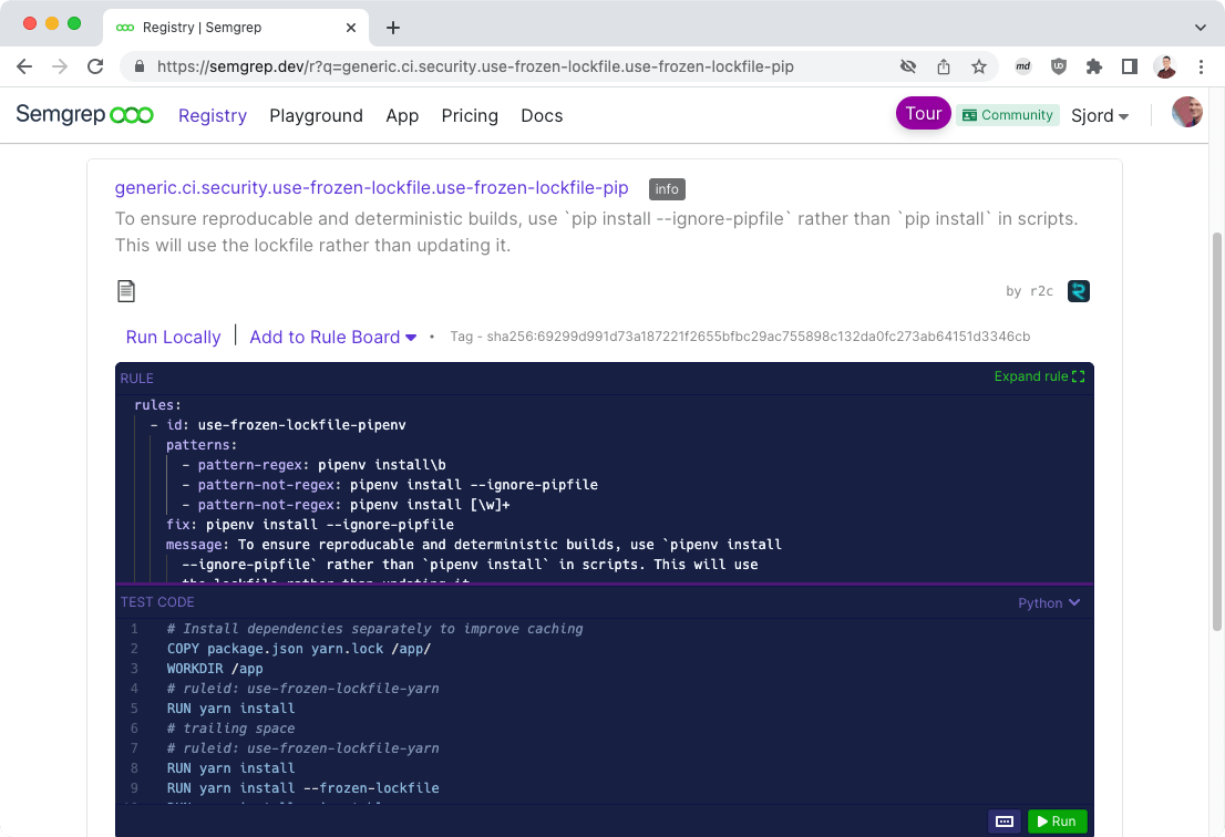 Registry shows usefrozenlockfilepipenv instead of usefrozen