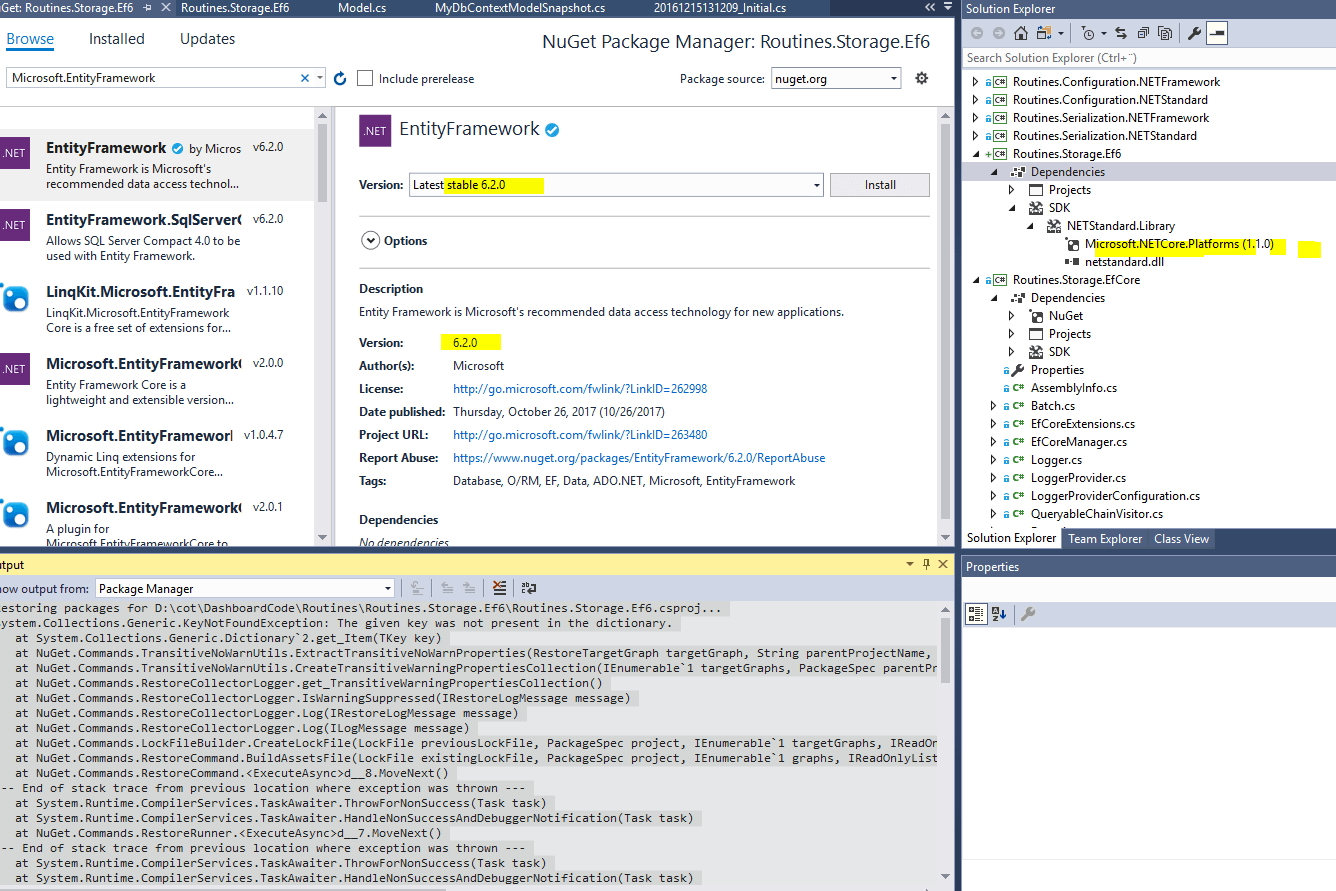 "The given key was not present in the dictionary" error on nuget to