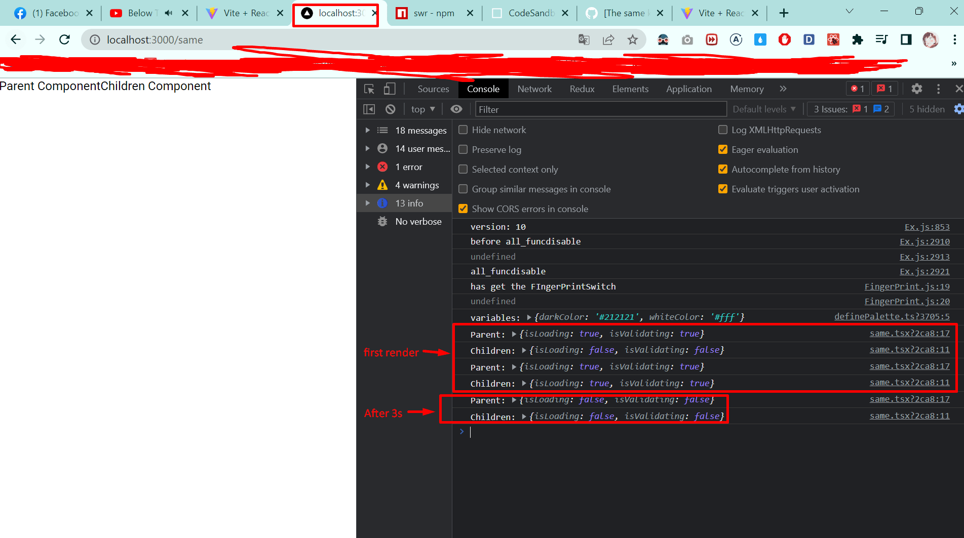 [The same key of useSWR hook in the child component not received