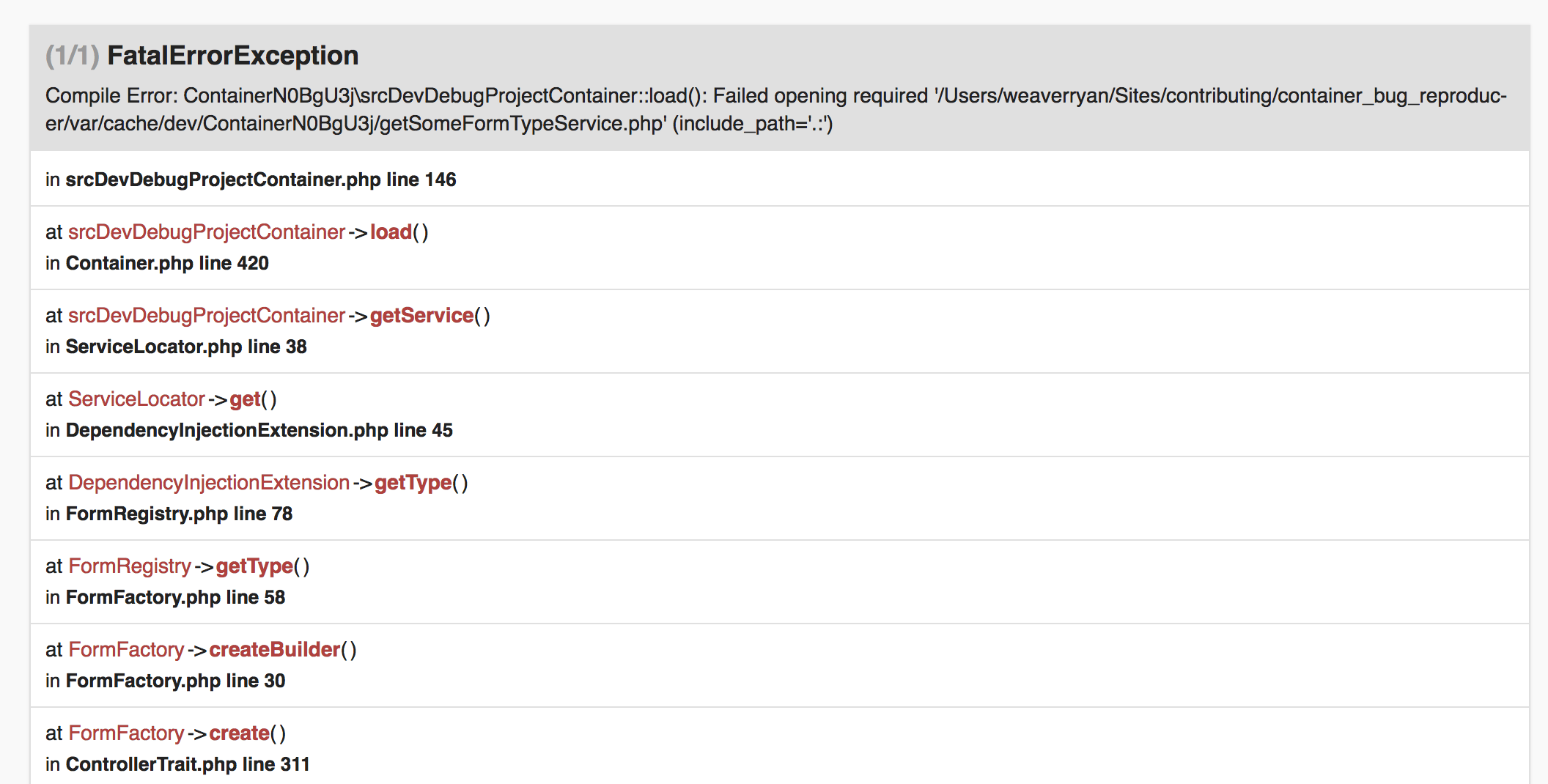 symfony 🚀 フォームシステムを使用しているときに、必要なコンテナキャッシュファイルを開くことができません