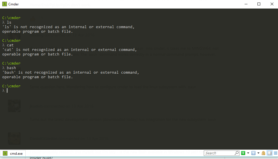 Bash commands like ls and cat not working. · Issue 1410 · cmderdev