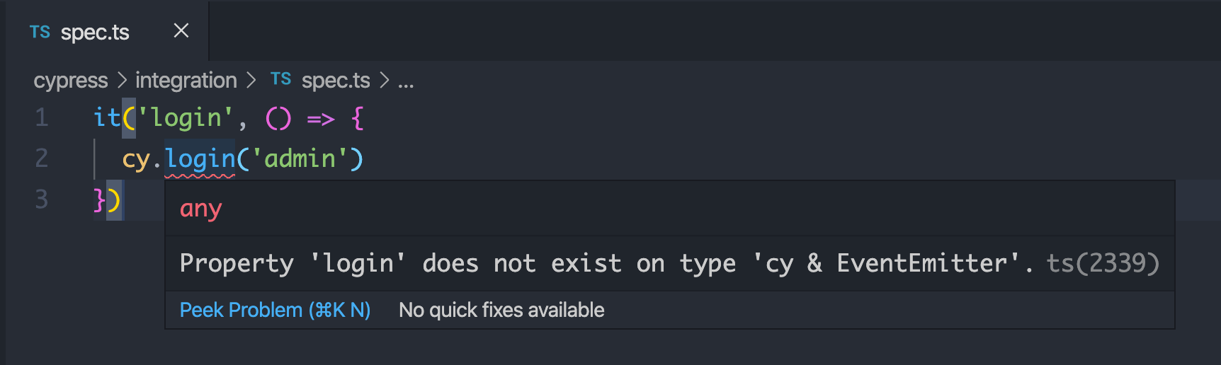 Adding custom commands throws IDE errors · Issue 8127 · cypressio