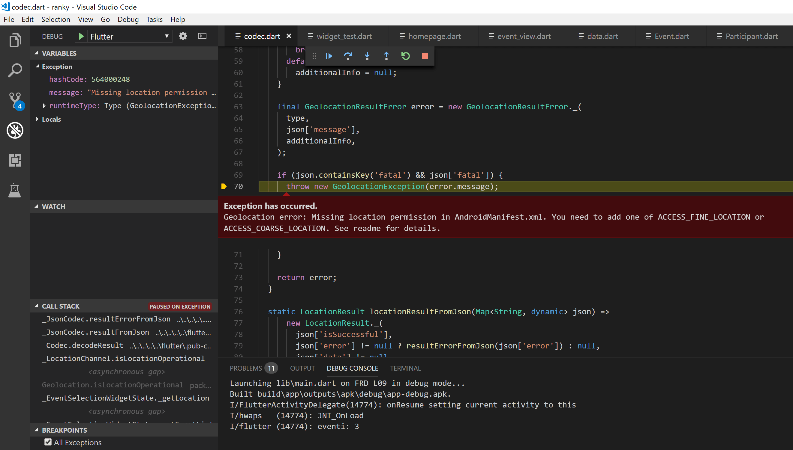 Exception thrown at runtime is not shown by flutter run output or by