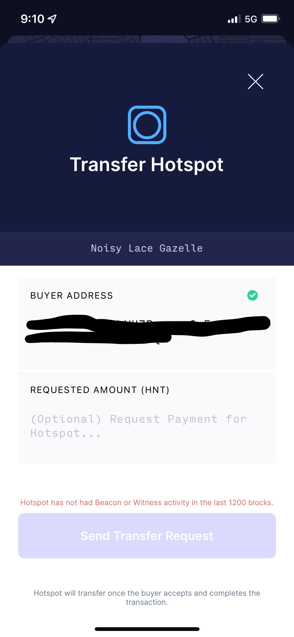 Unable to transfer hotspot to new owner due to lack of recent beacon or