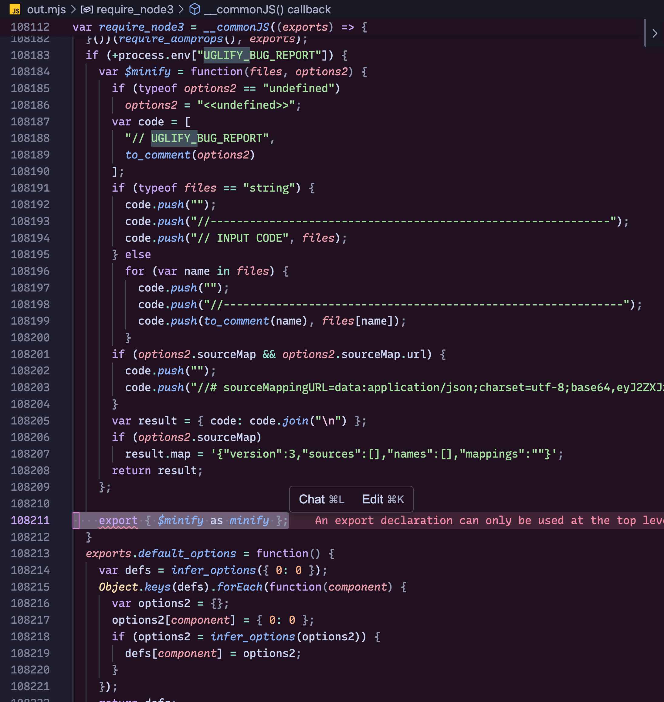 bun build uglifyjs produces invalid js code · Issue 4565 · ovensh