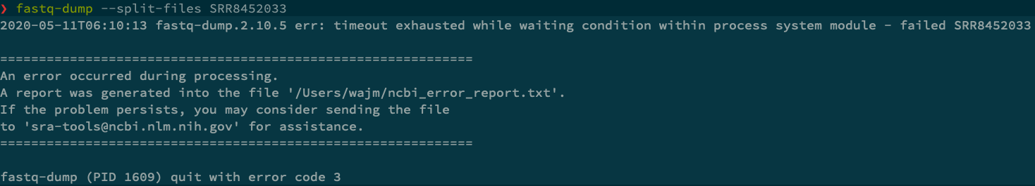 fasterqdump crashes with exit code 3 on some SRAs · Issue 318 · ncbi/sratools · GitHub