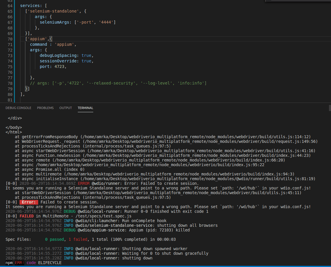 Standalone server and point to a wrong path. Please set `path '/wd/hub