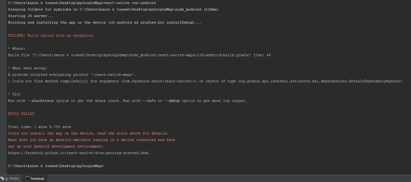 error while run android in(Could not find method
