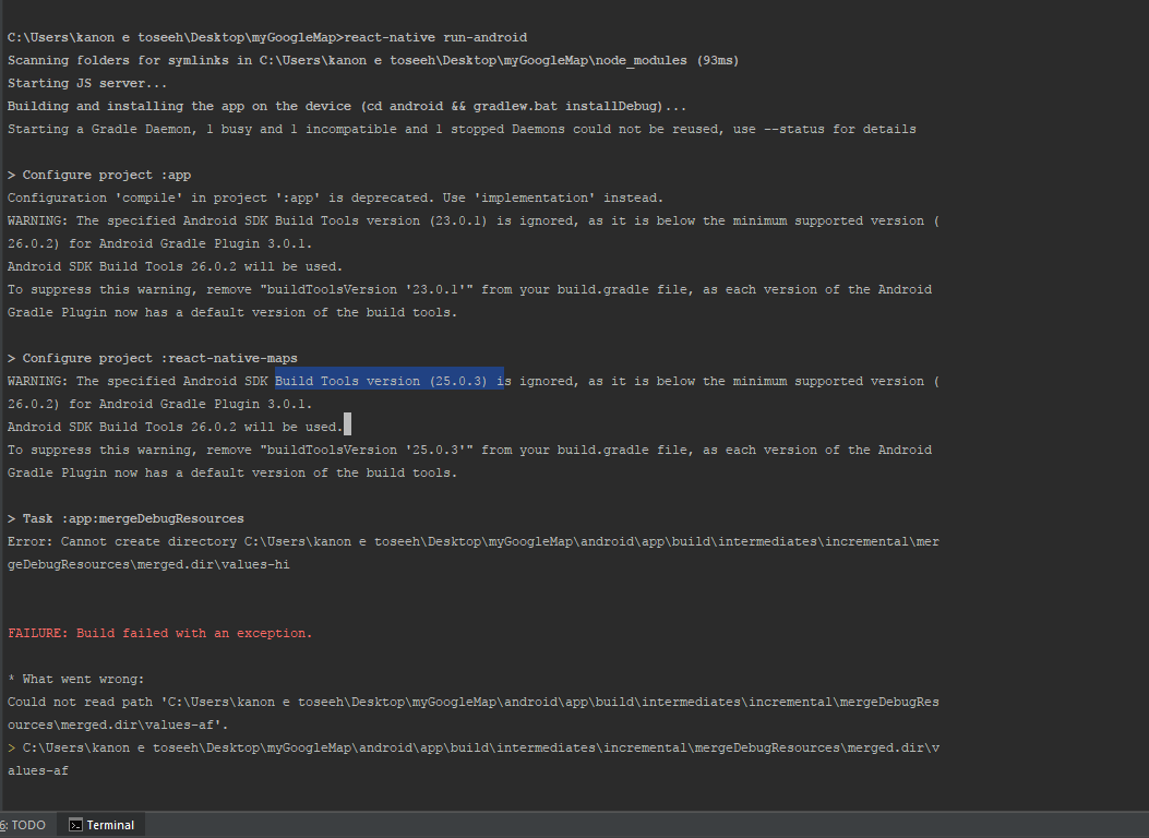 error while run android in(Could not find method