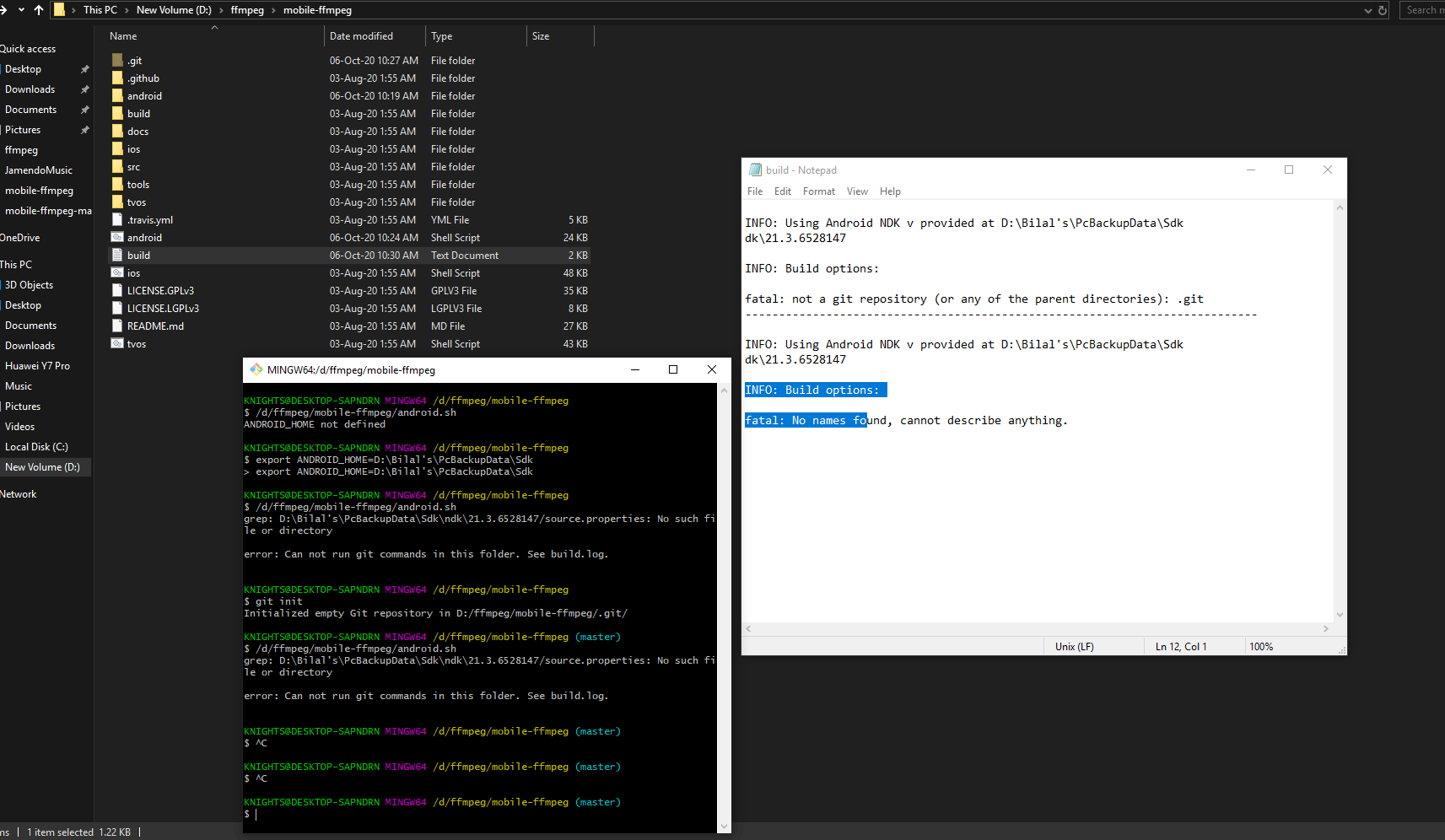 android.sh binary never build, stuck at fatal not a git repository (or