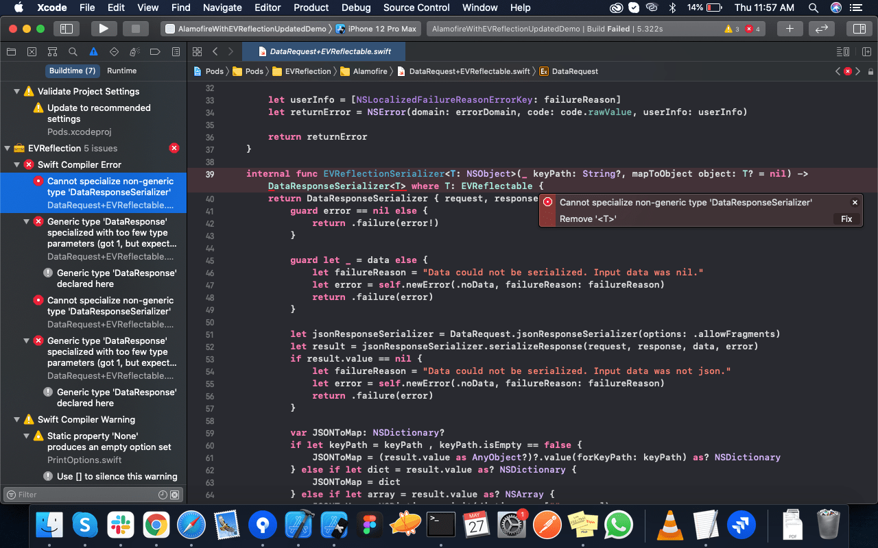 Errors on install pod Generic type 'DataResponse' specialized with too