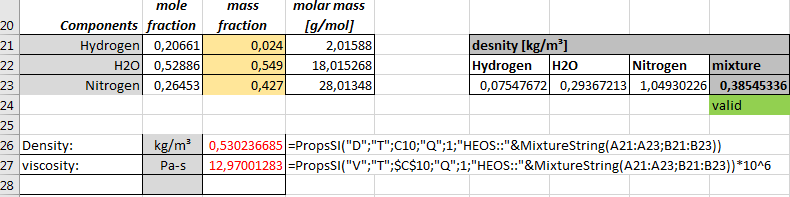 Calculating density and viscosity of a gas mixture in excel · Issue
