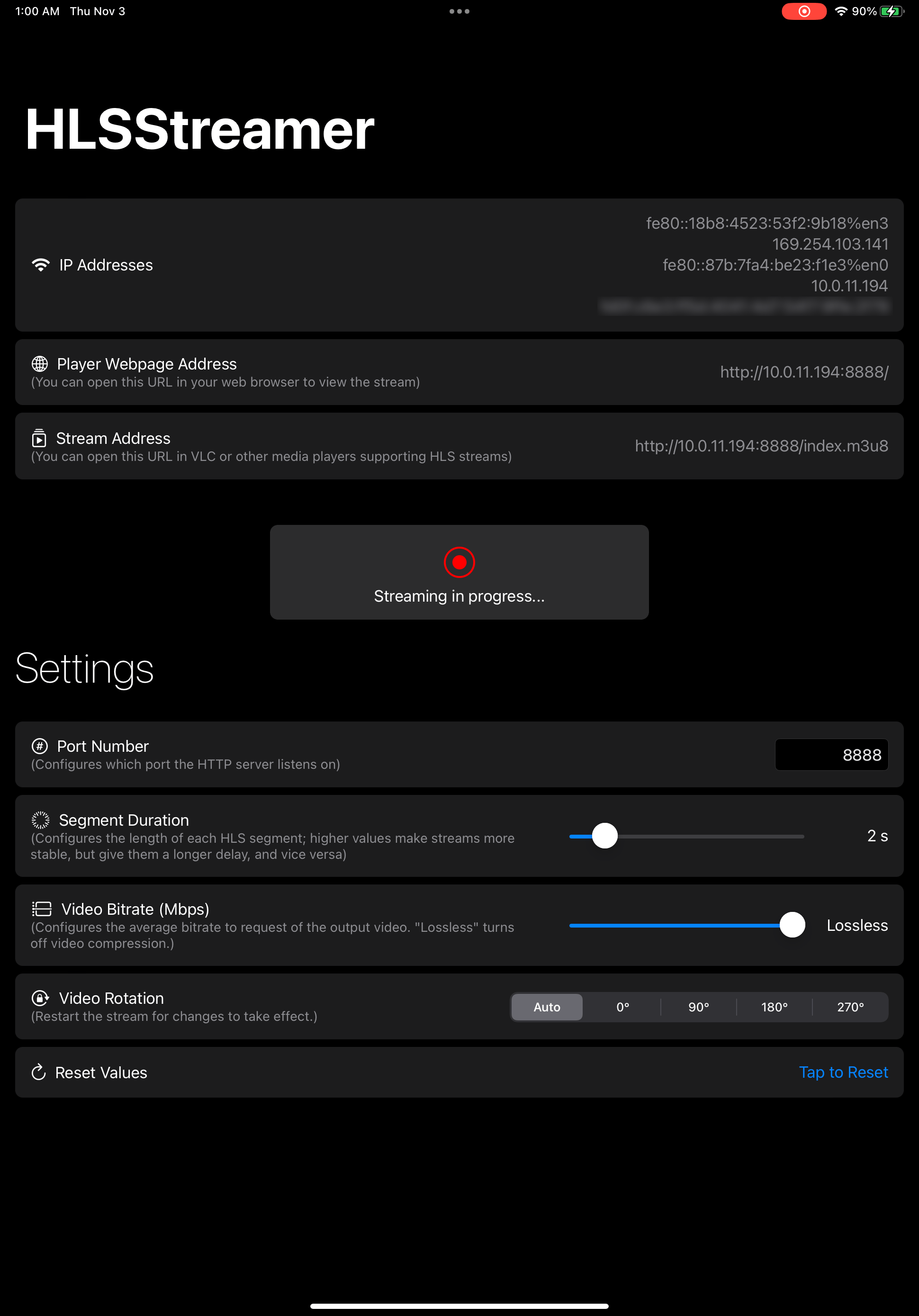 GitHub jdkula/HLSStreamer iOS app that allows you to stream your