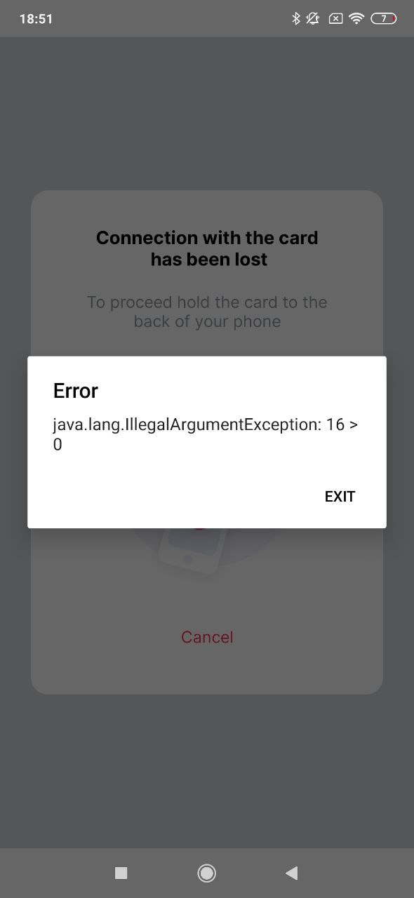 java.lang.IllegalArgumentException 16>0 after entering wrong PIN on