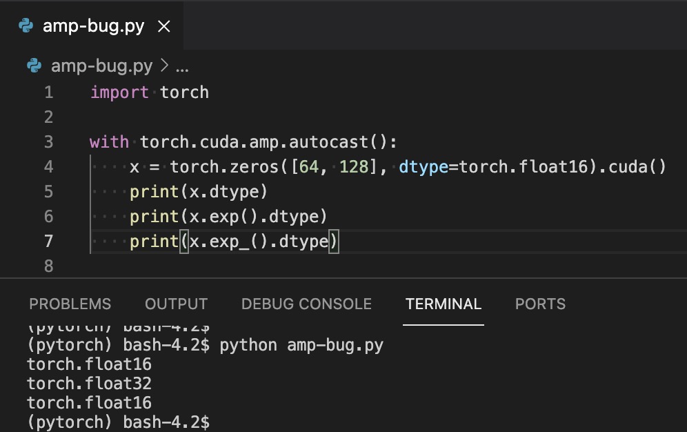 Function `torch.exp()` return float32 in case of amp float16 context