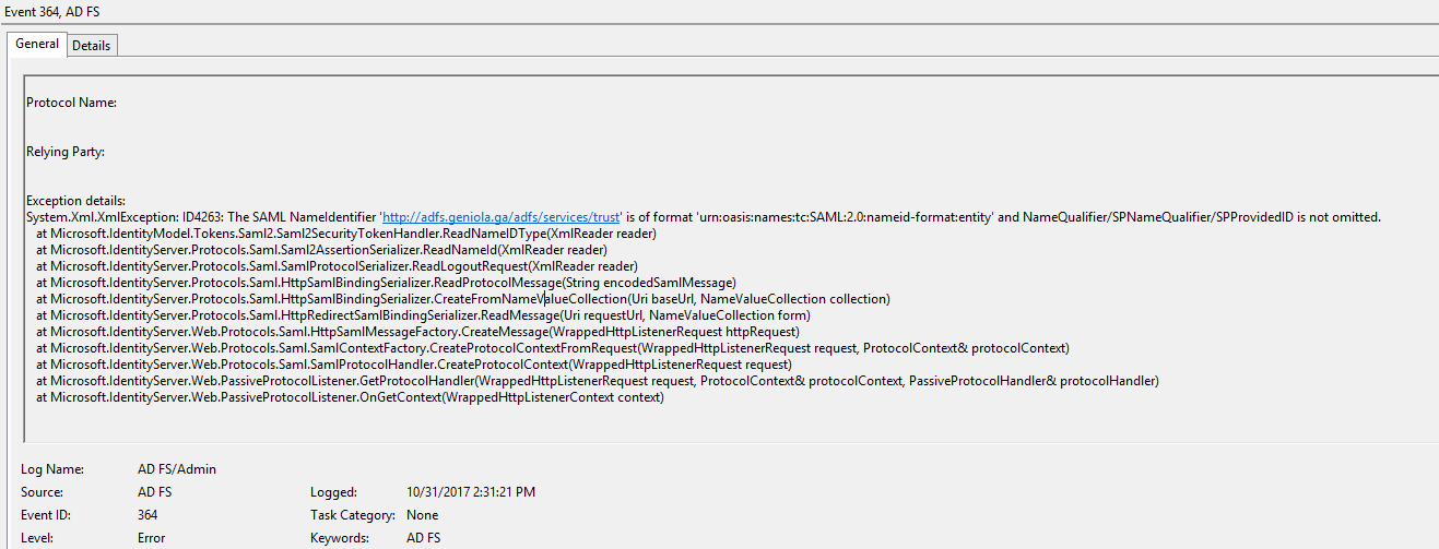 ADFS Logout issue saml toolkit sending wrond nameid identifier (entity