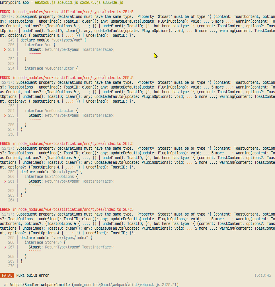 NuxtTS Build Error Subsequent property declarations must have the