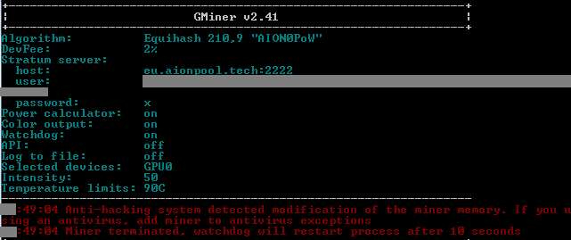 Antihacking system detected modification of the miner memory. (GMiner