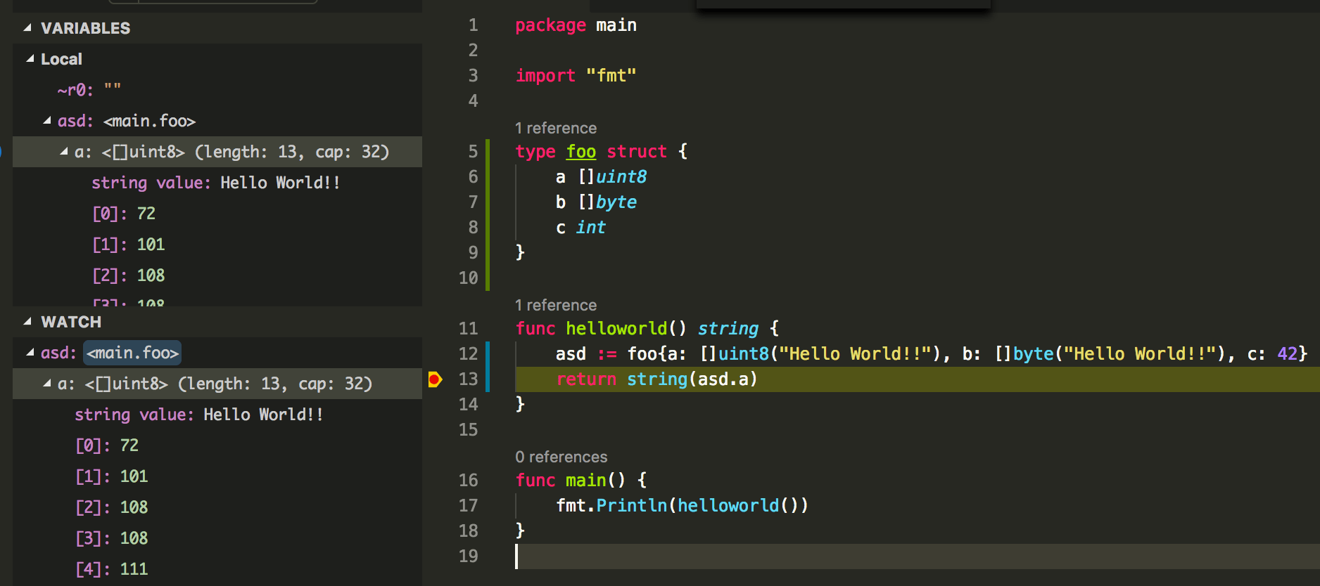 Debug []byte/[]uint8/[]rune should be displayed as strings · Issue