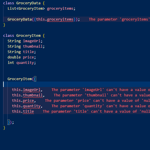 The parameter 'imageUrl' can't have a value of 'null' because of its