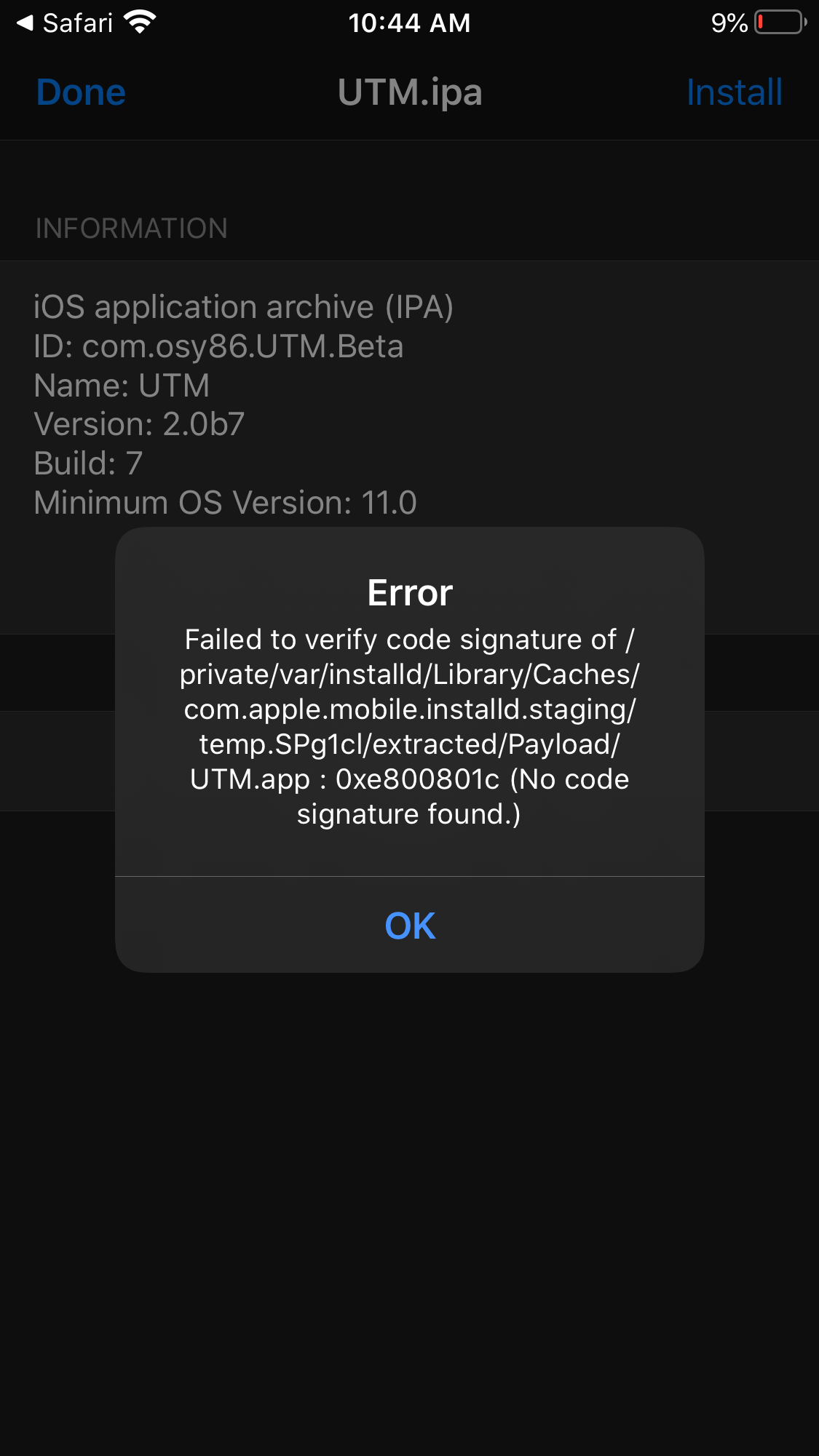 Error, Failed to verify code signature (0xe800801c) · Issue 506