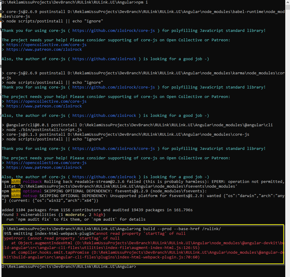 ng build throws Cannot read property 'startTag' of null exception