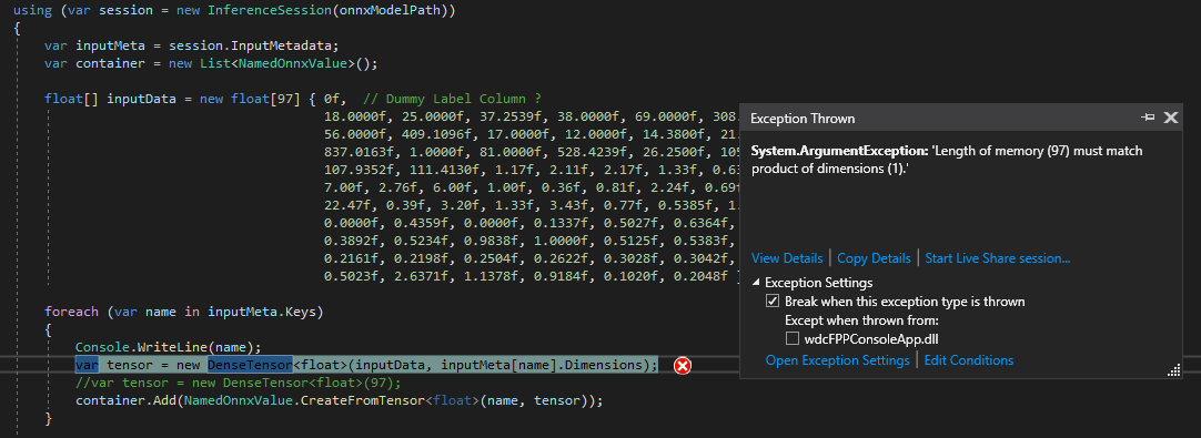 Question C API Inferencing of Tabular Data (1D Tensors) from