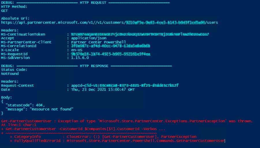 GetPartnerCustomerUser throwing 'Microsoft.Store.PartnerCenter