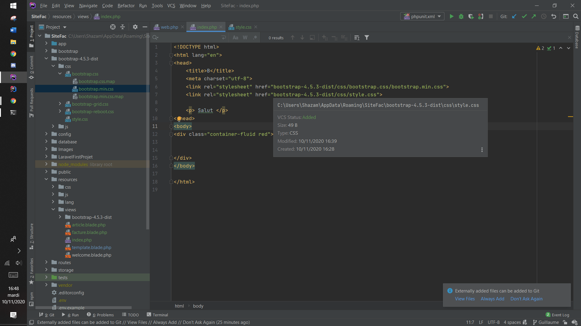 Utilisation de bootstrap depuis PhpStorm Je n'arrive pas