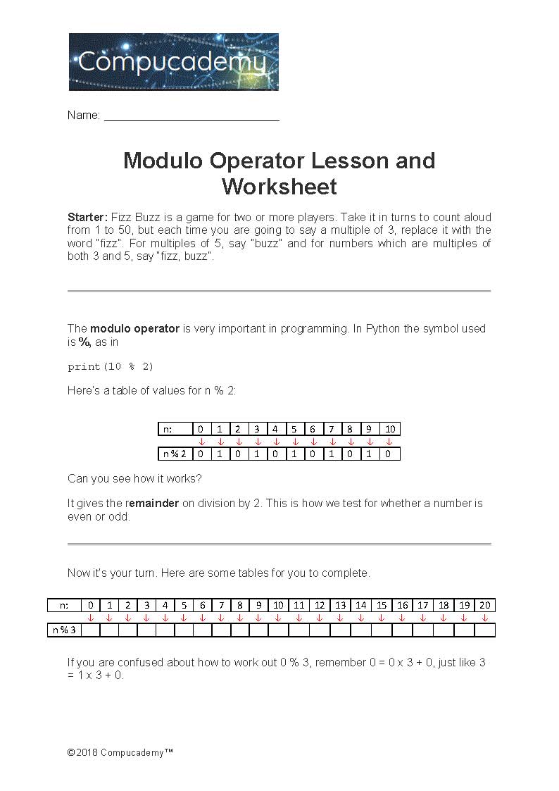 Modulo Operator Lesson and Worksheet Compucademy