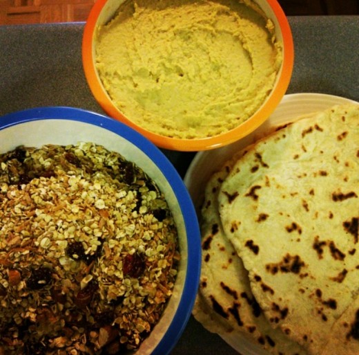 Homemade Granola, Hummus, and Flatbread cook.travel.craft