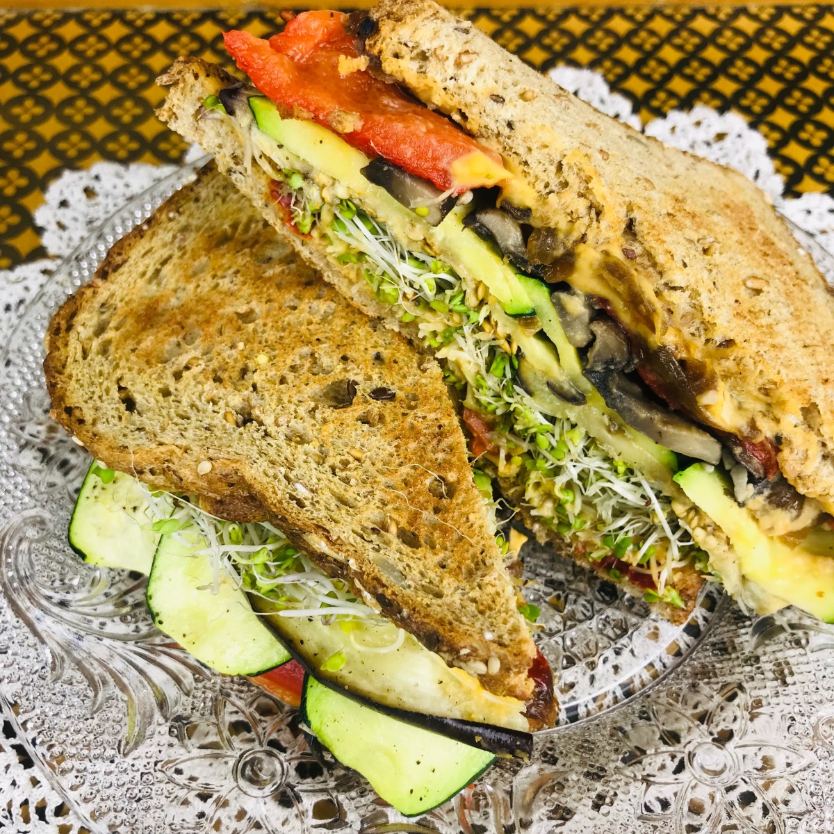 Mediterranean Roasted Vegetable Sandwich with Broccoli Sprouts and