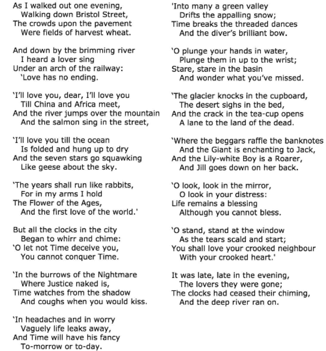 Analysis of the Poem "As I Walked Out One Evening" by W.H.Auden Owlcation