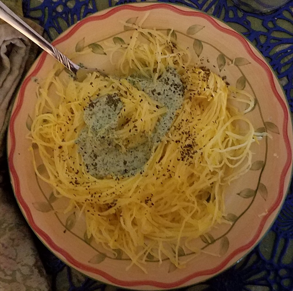 Extreme Diabetes Management Spaghetti Squash and Basil Pesto Sauce