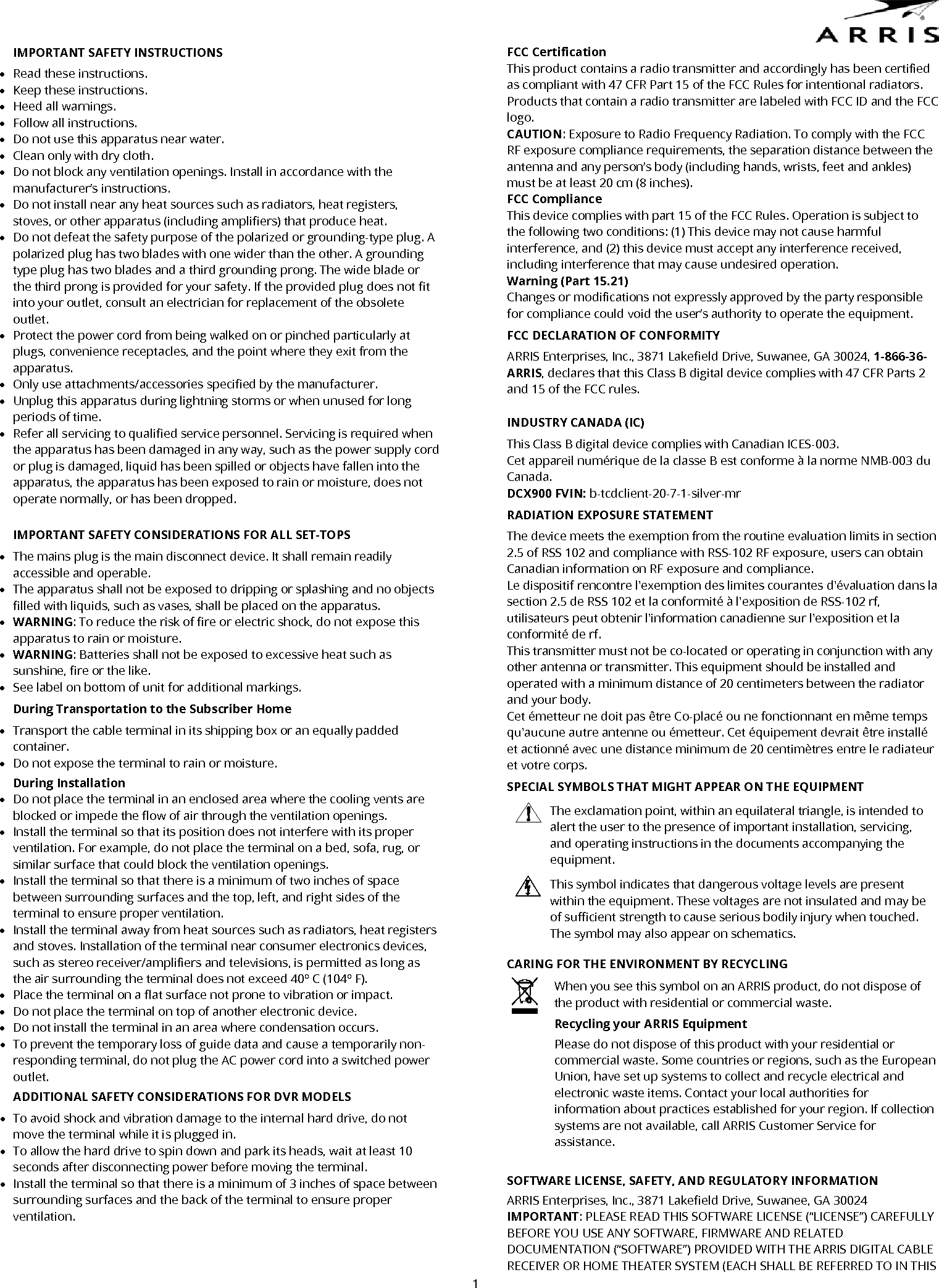 ARRIS Group DCX905 Cable Set Top Box User Manual