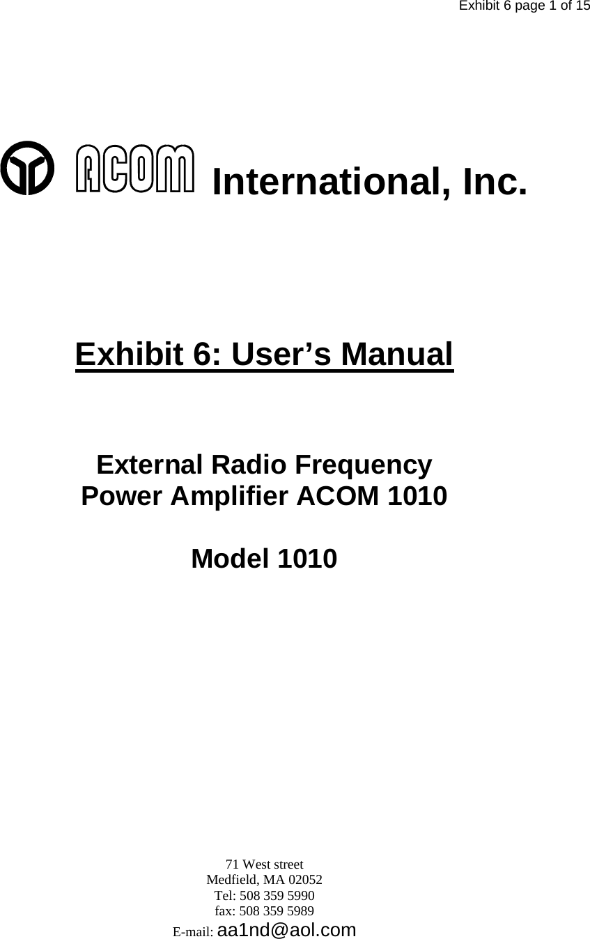 Acom A1010 ACOM 1010 User Manual Exhibit6 1010