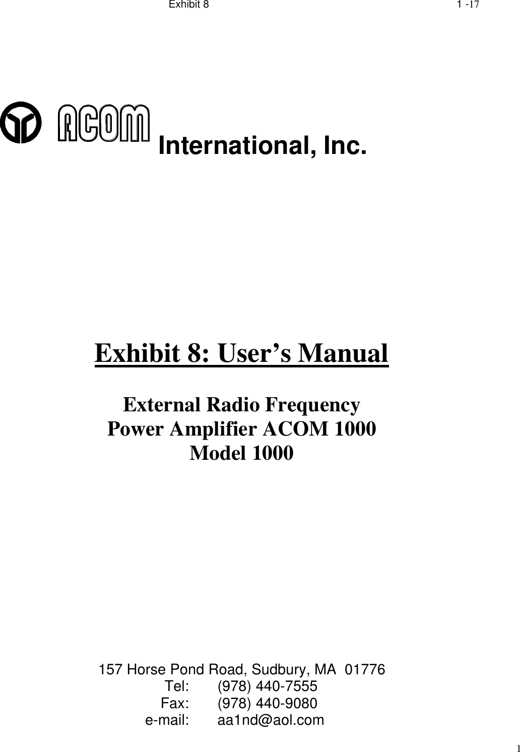 Acom AA1000 ACOM 1000 HF Liner Ampifier User Manual Exhibit7 1000