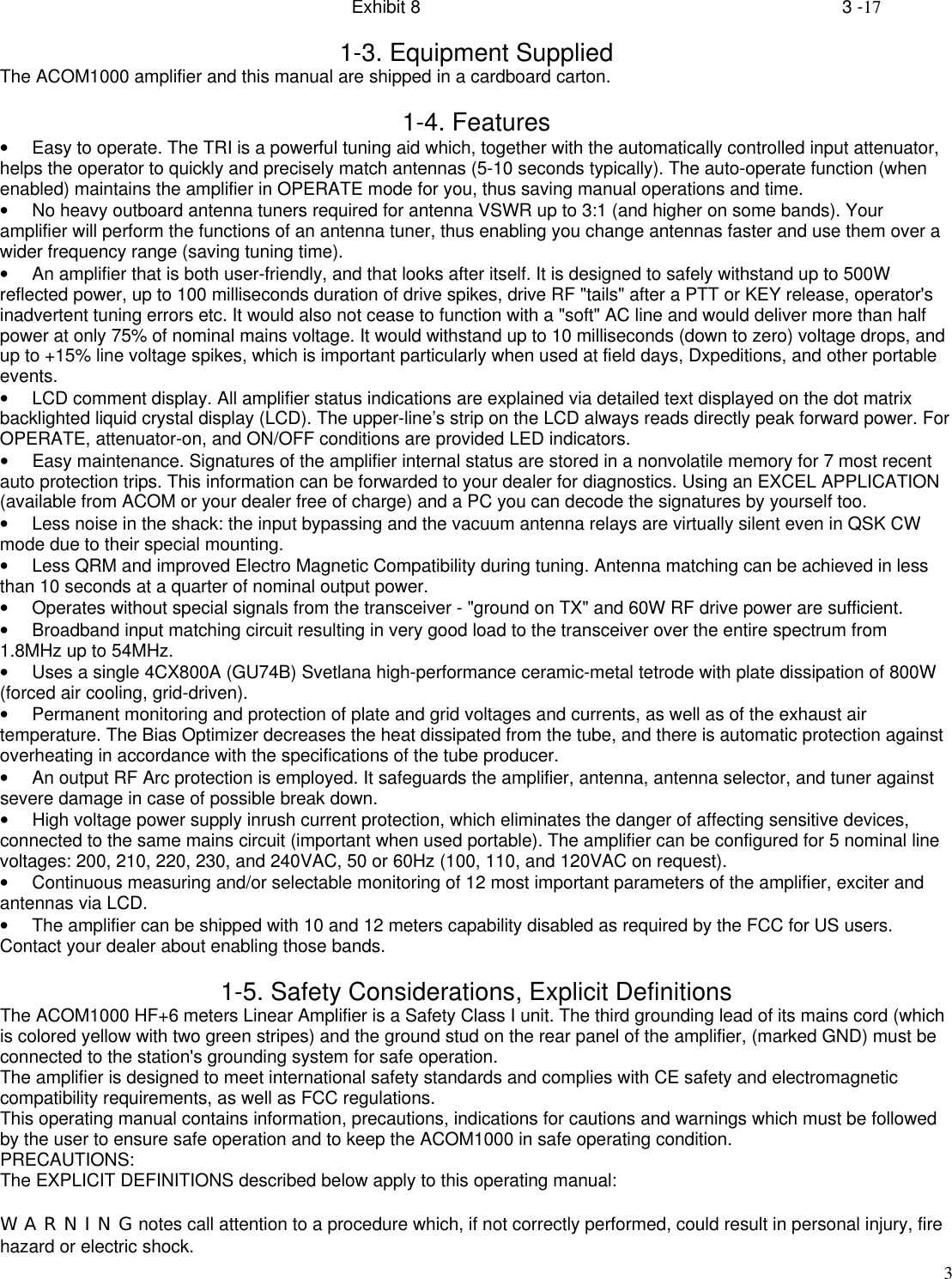 Acom AA1000 ACOM 1000 HF Liner Ampifier User Manual Exhibit7 1000