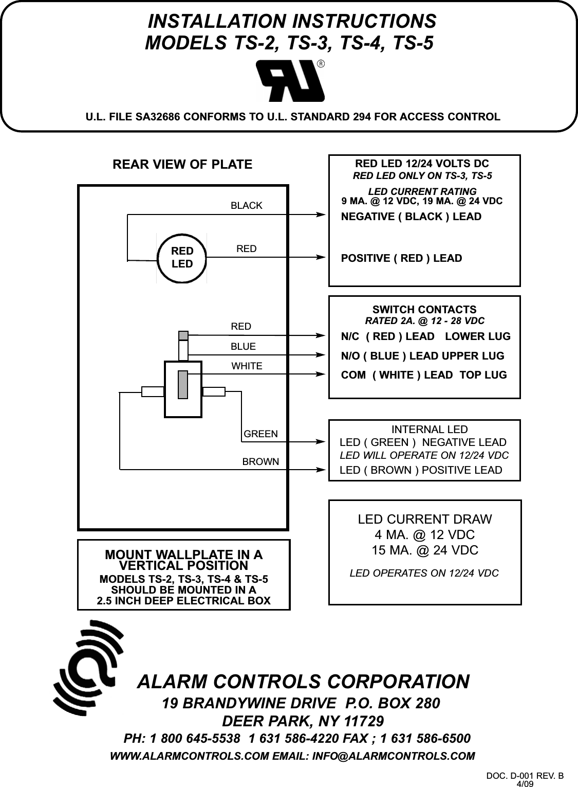 Alarm Controls TS 4 CUTSHEET Installation Install