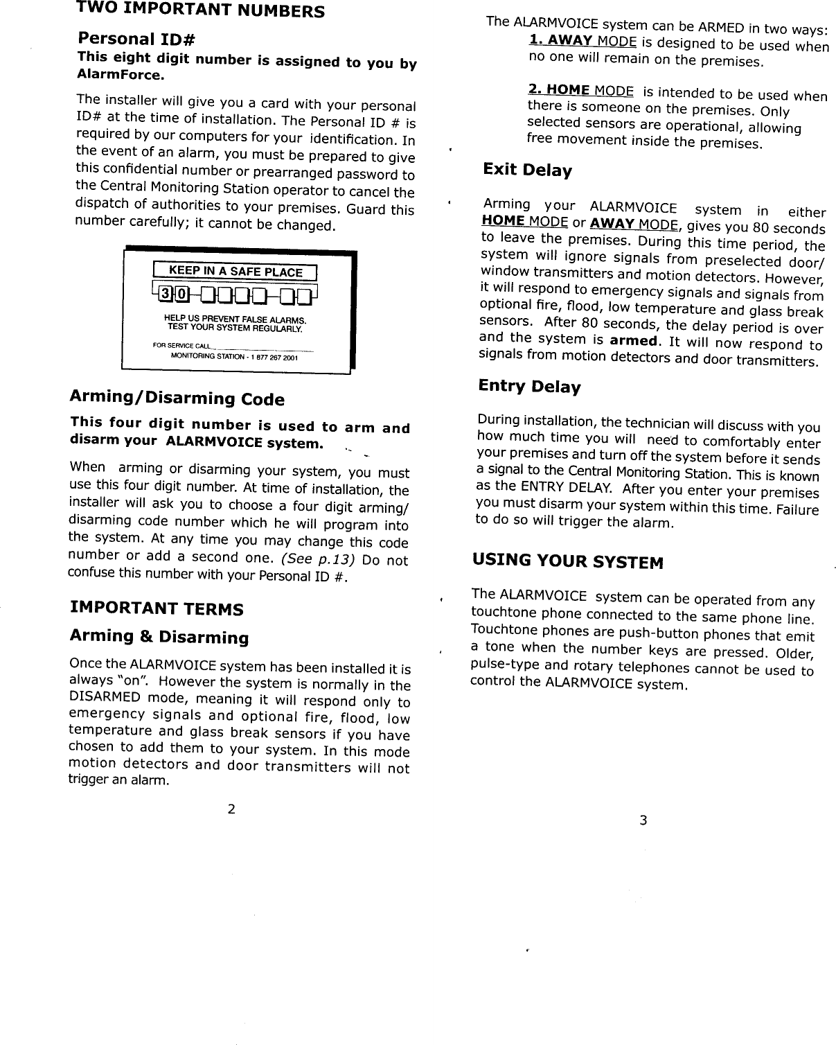 AlarmForce SBC ALARM VOICE SYSTEM User Manual USERS MANUAL